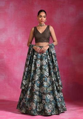 Dark Brown Printed Tissue Lehenga Set
