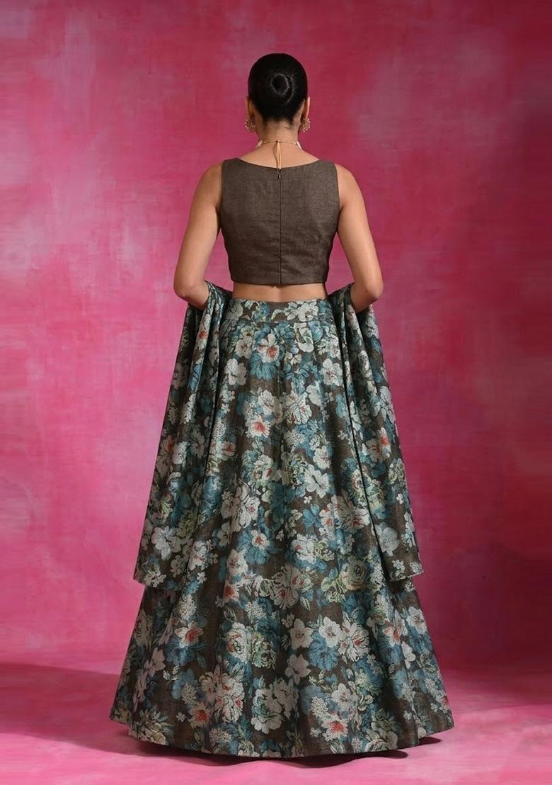 Dark Brown Printed Tissue Lehenga Set - Indya