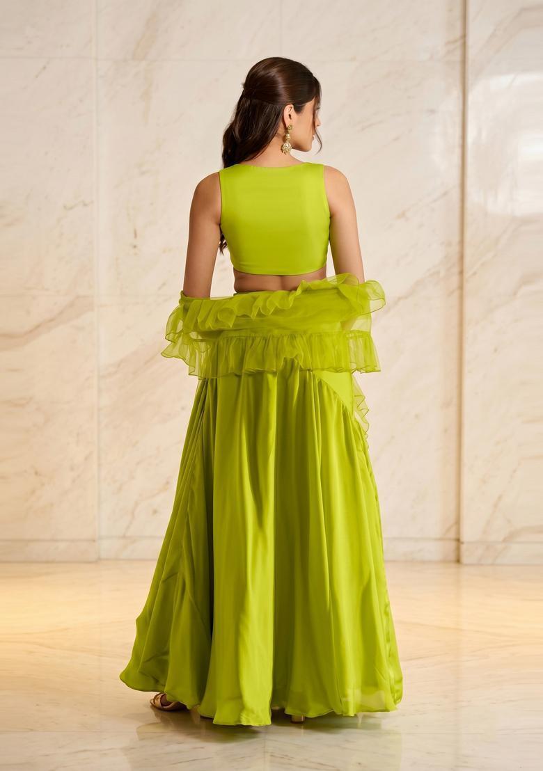 Lime Green Handwork Lehenga Set - Indya