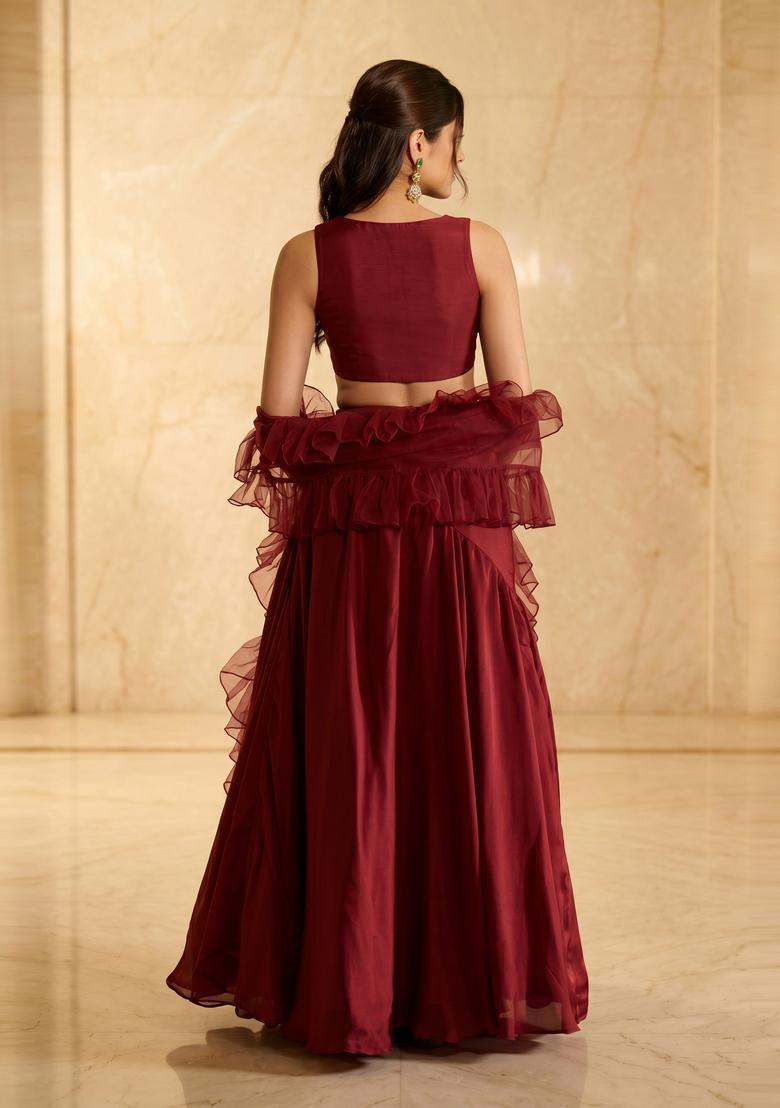 Maroon Handwork Lehenga Set - Indya