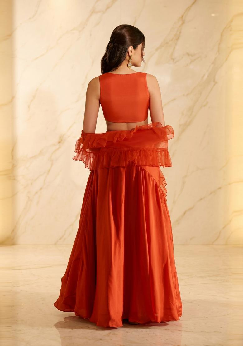 Burnt Orange Handwork Lehenga Set - Indya