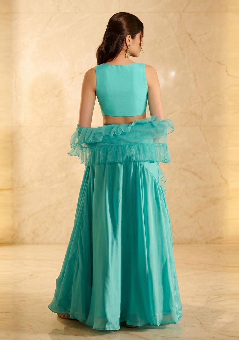 Aqua Blue Handwork Lehenga Set - Indya