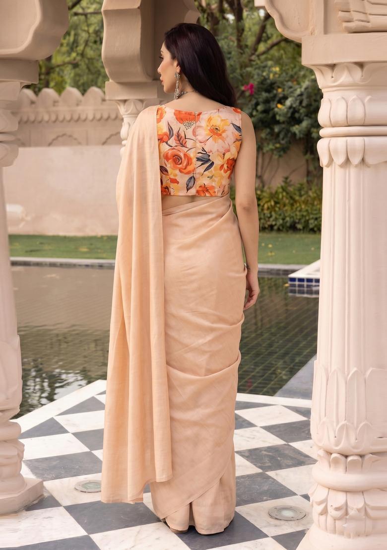 Peach Printed Organza Pre Draped Saree Set - Indya