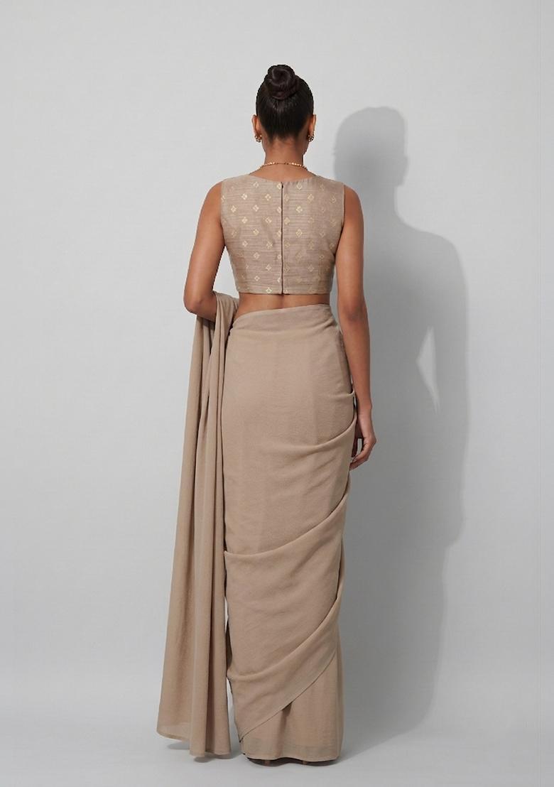 Brown Embroidered Silk Blend Pre Draped Saree Set - Indya