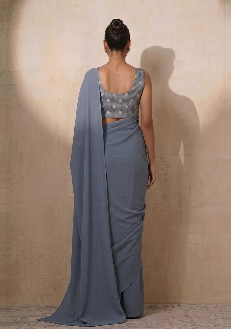 Slate Blue Polka Dot Silk Blend Pre Draped Saree Set - Indya