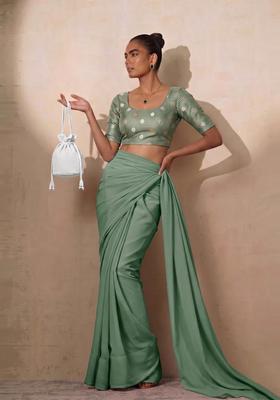 Sage Green Embroidered Silk Blend Pre Draped Saree Set