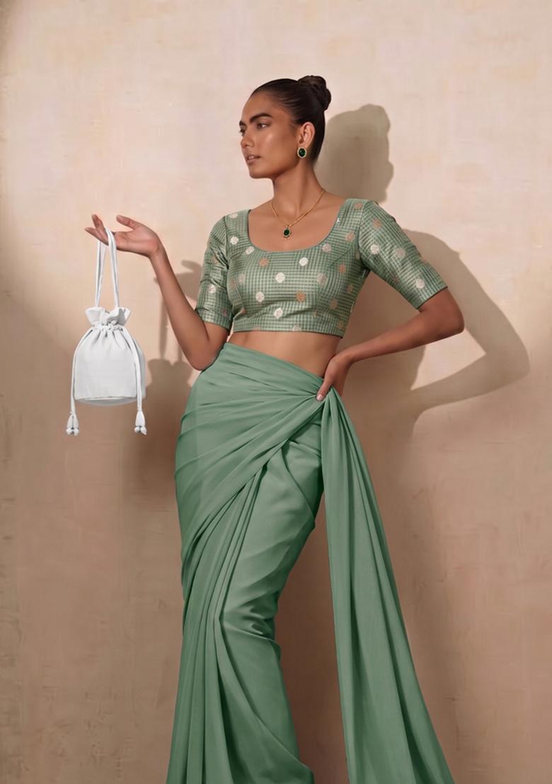Sage Green Embroidered Silk Blend Pre Draped Saree Set - Indya