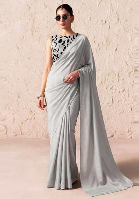 Light Grey Printed Crepe Pre Draped Saree Set
