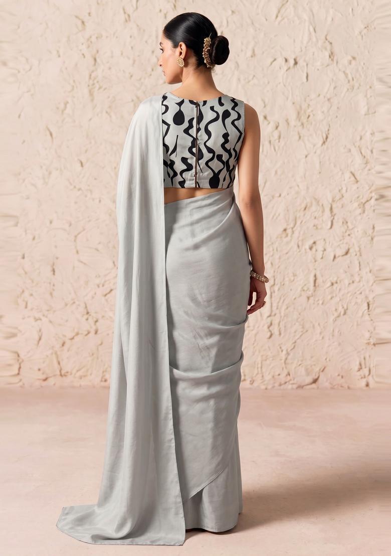 Light Grey Printed Crepe Pre Draped Saree Set - Indya