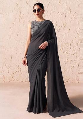 Black Printed Crepe Pre Draped Saree Set