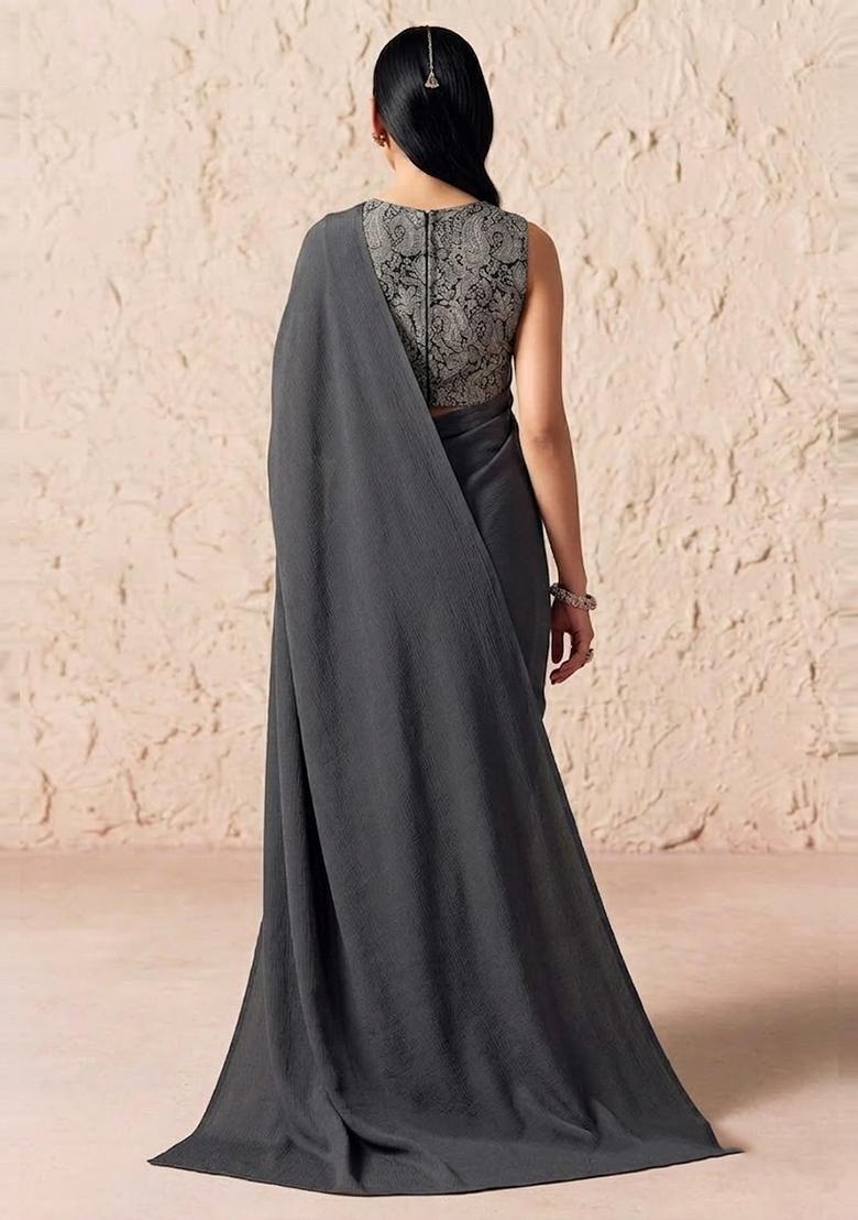 Black Printed Crepe Pre Draped Saree Set - Indya