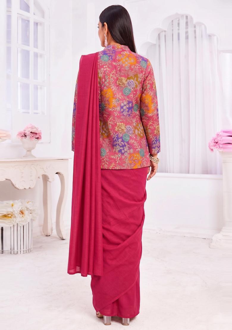 Dark Pink Printed Crepe Pre Draped Saree Set - Indya
