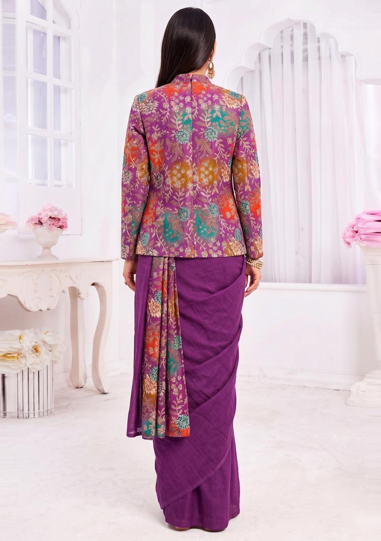 Deep Purple Printed Crepe Pre Draped Saree Set - Indya