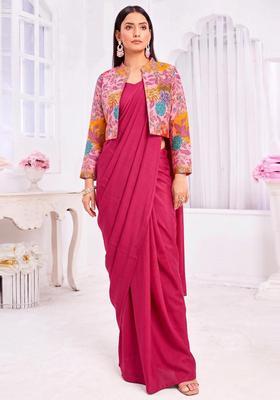 Pastel Pink Printed Crepe Pre Draped Saree Set