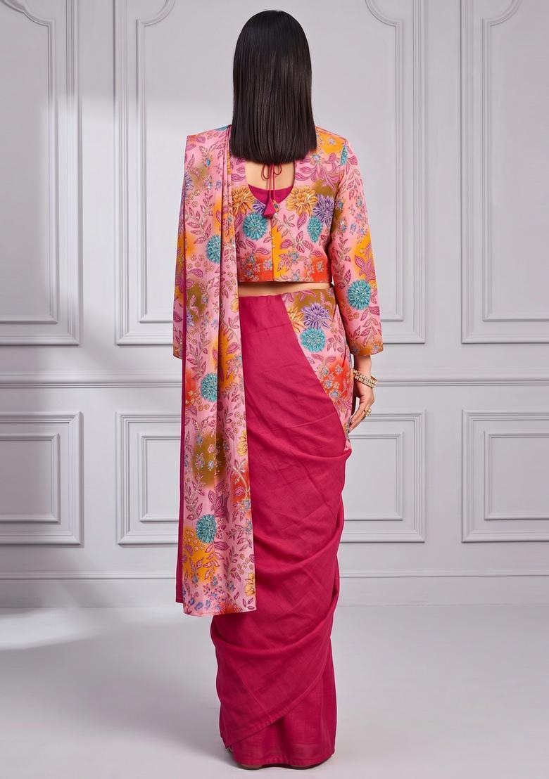 Pastel Pink Printed Crepe Pre Draped Saree Set - Indya