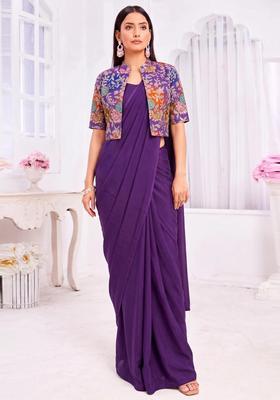 Deep Purple Printed Organza Pre Draped Saree Set