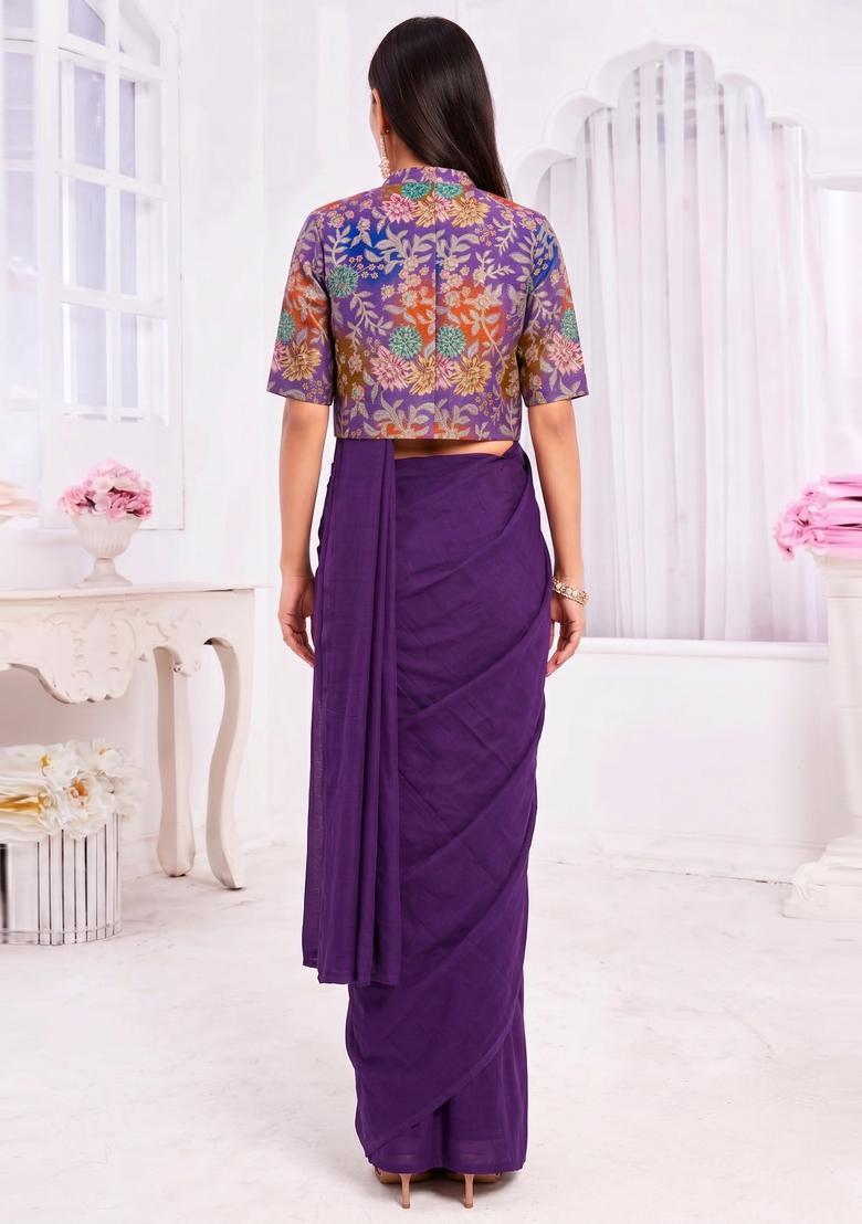 Deep Purple Printed Organza Pre Draped Saree Set - Indya