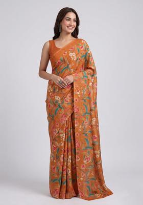 Rust Printed Georgette Pre Draped Saree Set