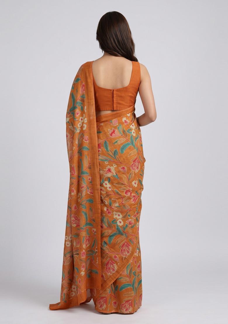 Rust Printed Georgette Pre Draped Saree Set - Indya