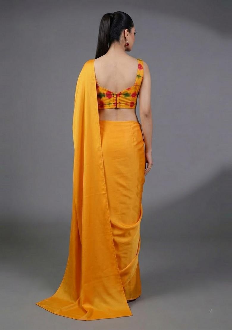 Mustard Yellow Tie and Dye Satin Pre Draped Saree Set - Indya