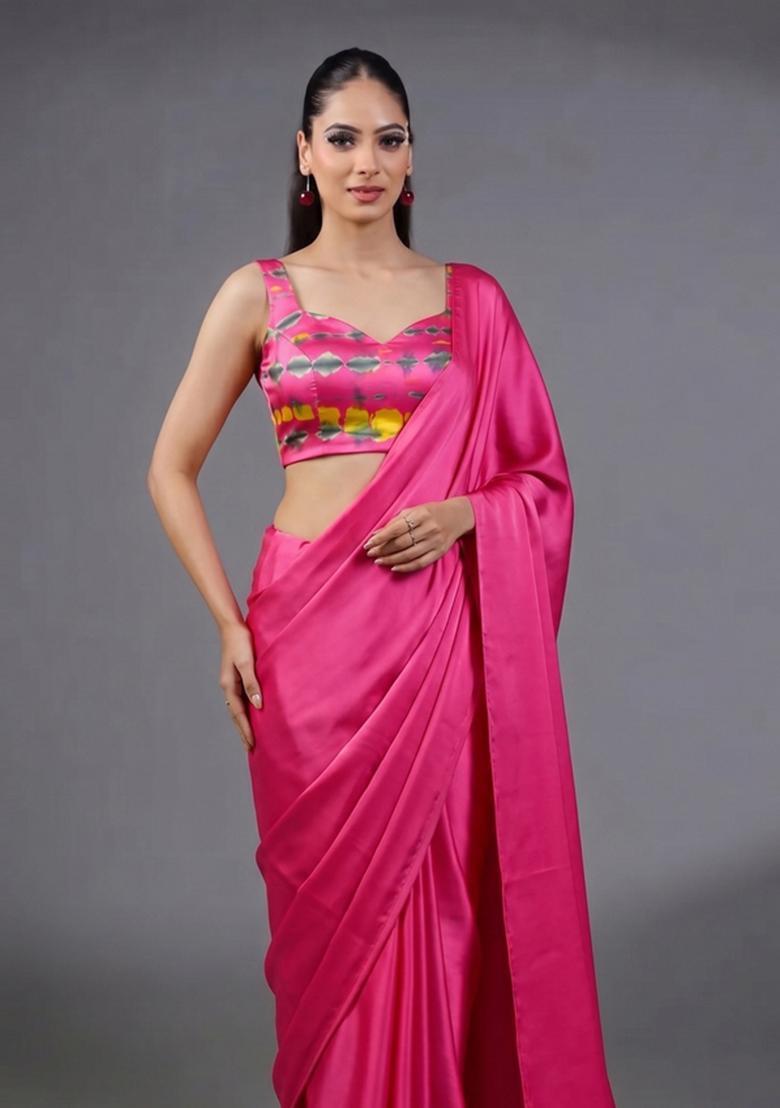 Pink Tie and Dye Satin Pre Draped Saree Set - Indya