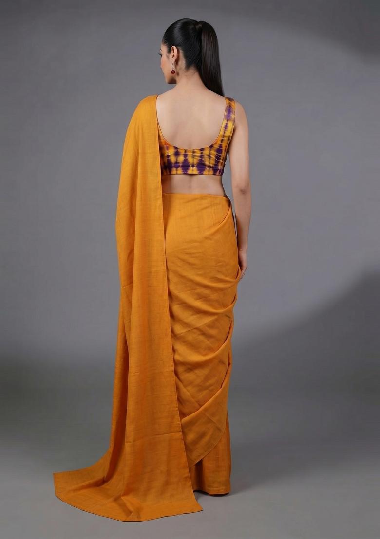 Orange Tie and Dye Satin Pre Draped Saree Set - Indya