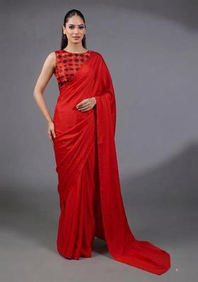 Red Printed Satin Pre Draped Saree Set