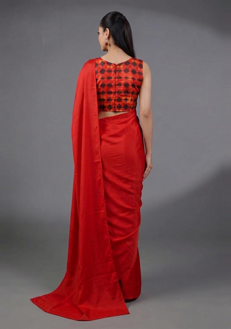 Red Printed Satin Pre Draped Saree Set - Indya
