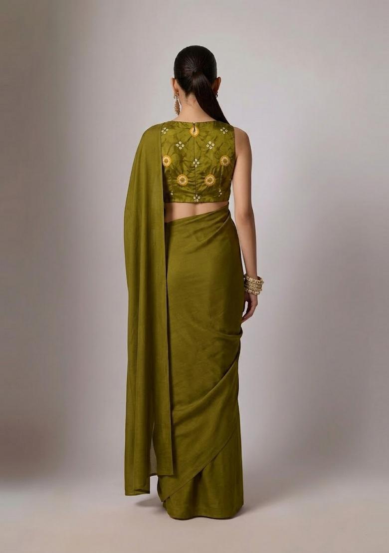 Olive Green Printed Satin Pre Draped Saree Set - Indya