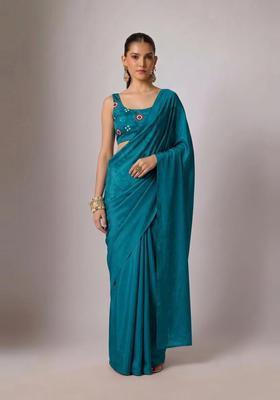 Teal Printed Satin Pre Draped Saree Set