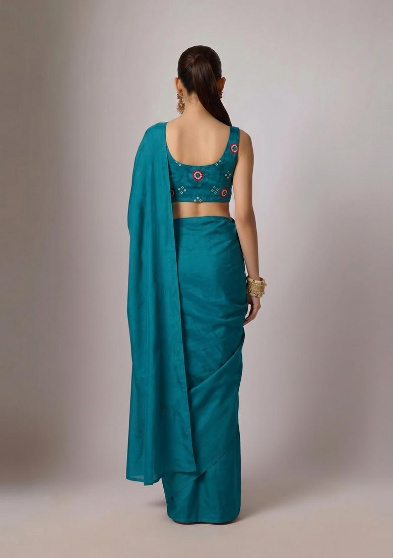 Teal Printed Satin Pre Draped Saree Set - Indya