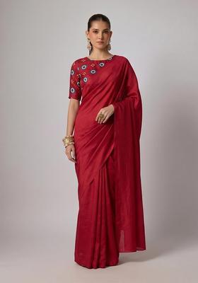 Maroon Printed Satin Pre Draped Saree Set