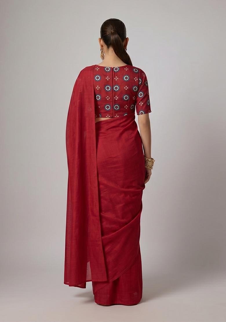 Maroon Printed Satin Pre Draped Saree Set - Indya