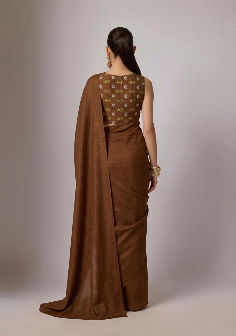 Brown Printed Satin Pre Draped Saree Set - Indya