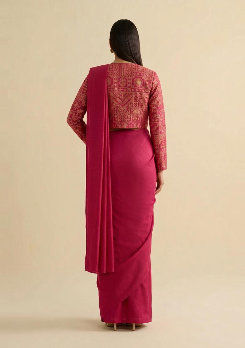 Dark Pink Printed Silk Blend Pre Draped Saree Set - Indya
