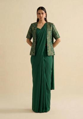 Dark Green Printed Silk Blend Pre Draped Saree Set