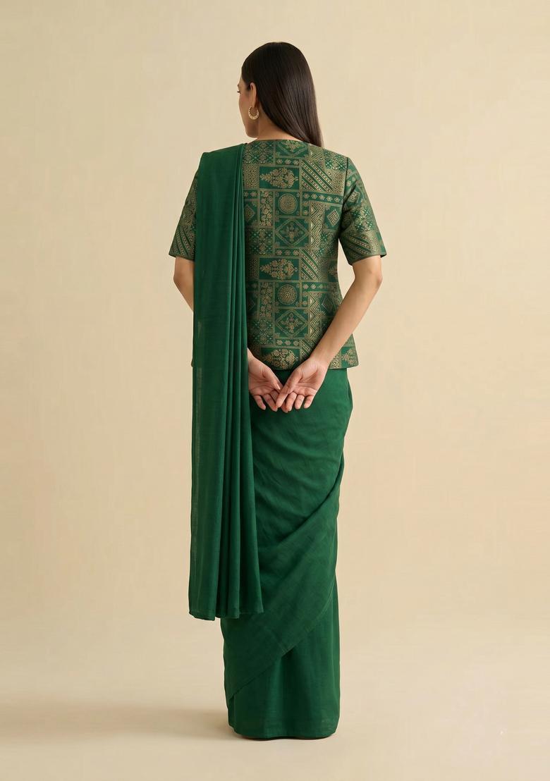 Dark Green Printed Silk Blend Pre Draped Saree Set - Indya