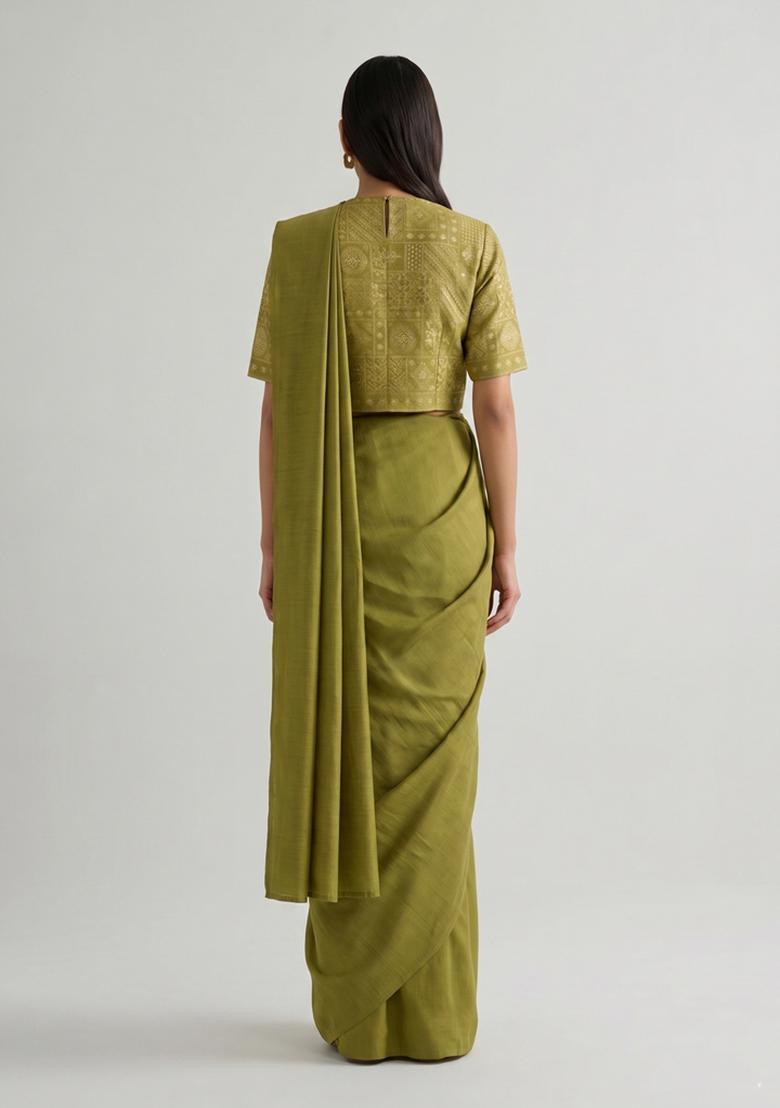 Olive Green Printed Silk Blend Pre Draped Saree Set - Indya