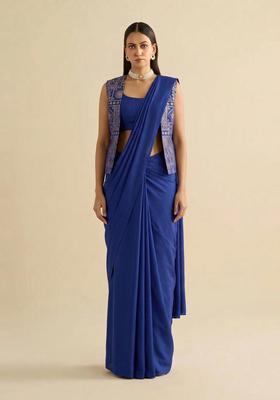 Royal Blue Printed Silk Blend Pre Draped Saree Set