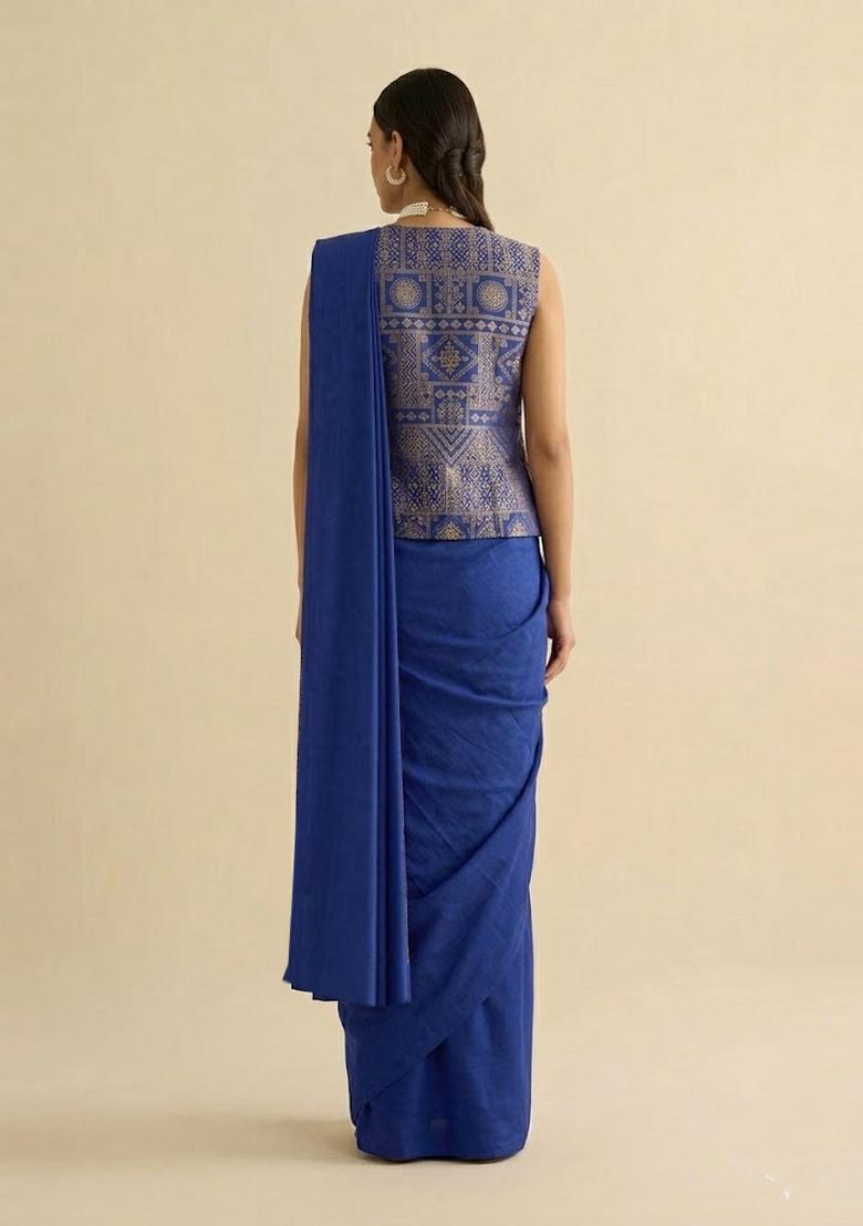 Royal Blue Printed Silk Blend Pre Draped Saree Set - Indya