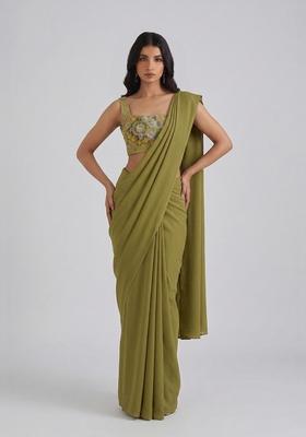 Olive Green Embroidered Organza Pre Draped Saree Set