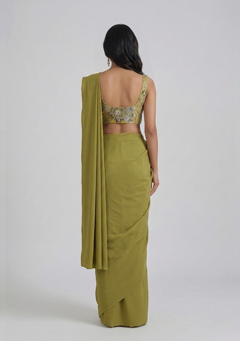 Olive Green Embroidered Organza Pre Draped Saree Set - Indya