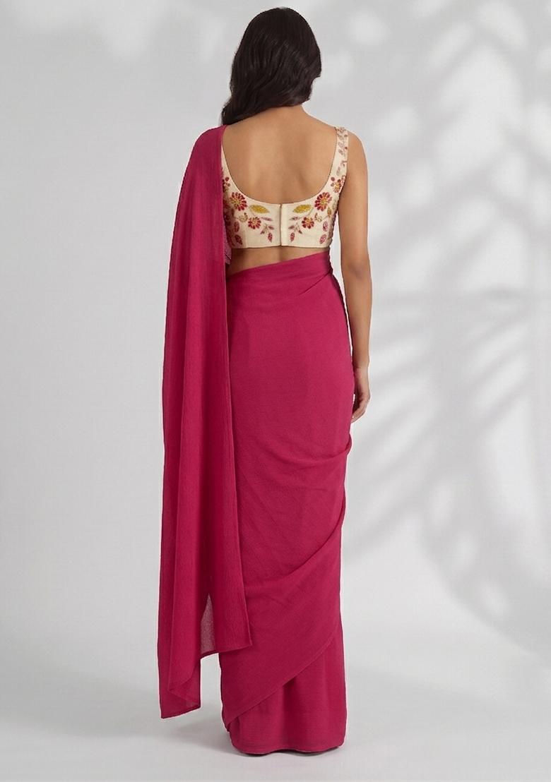 Off-White Embroidered Organza Pre Draped Saree Set - Indya