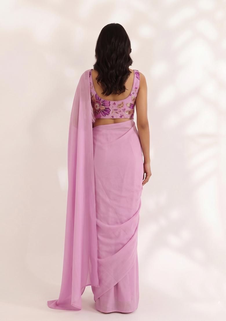 Lavender Embroidered Organza Pre Draped Saree Set - Indya