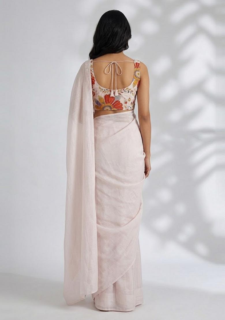 White Embroidered Organza Pre Draped Saree Set - Indya