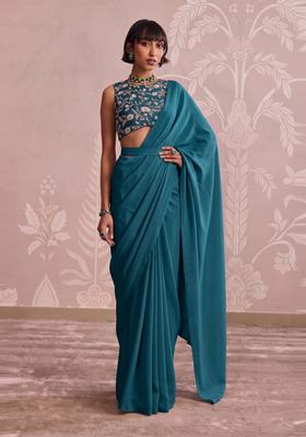 Deep Teal Embroidered Tissue Pre Draped Saree Set