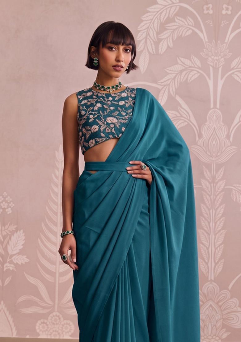 Deep Teal Embroidered Tissue Pre Draped Saree Set - Indya