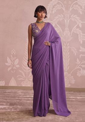 Royal Purple Embroidered Tissue Pre Draped Saree Set