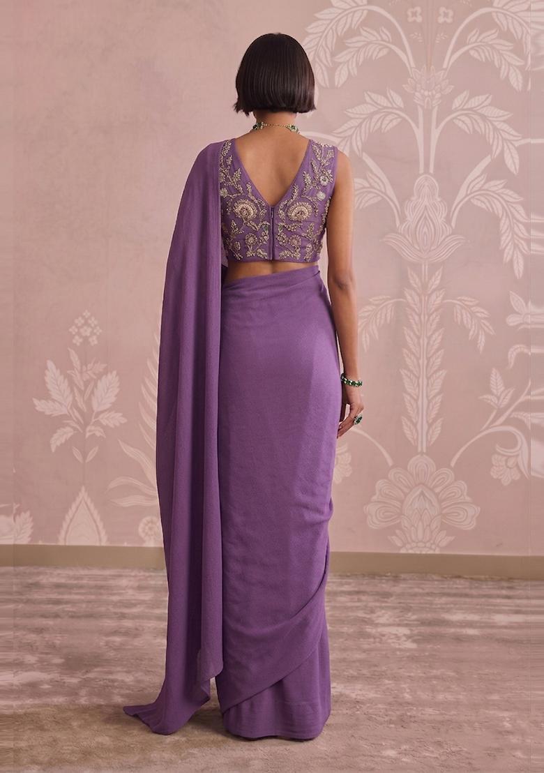 Royal Purple Embroidered Tissue Pre Draped Saree Set - Indya