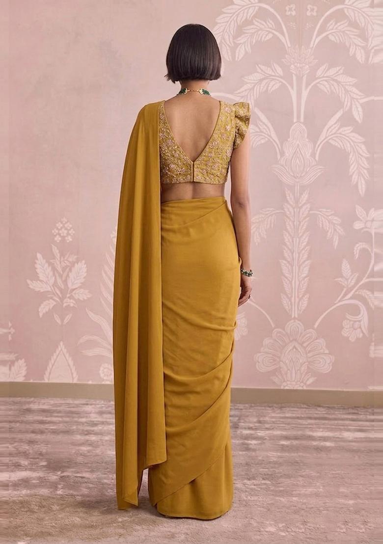 Mustard Yellow Embroidered Tissue Pre Draped Saree Set - Indya